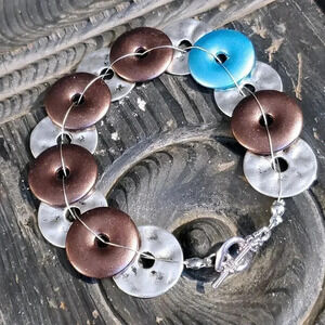 Mid Century Modern Style Handcrafted Silver Blue Brown Satin Disc Beads Bracelet